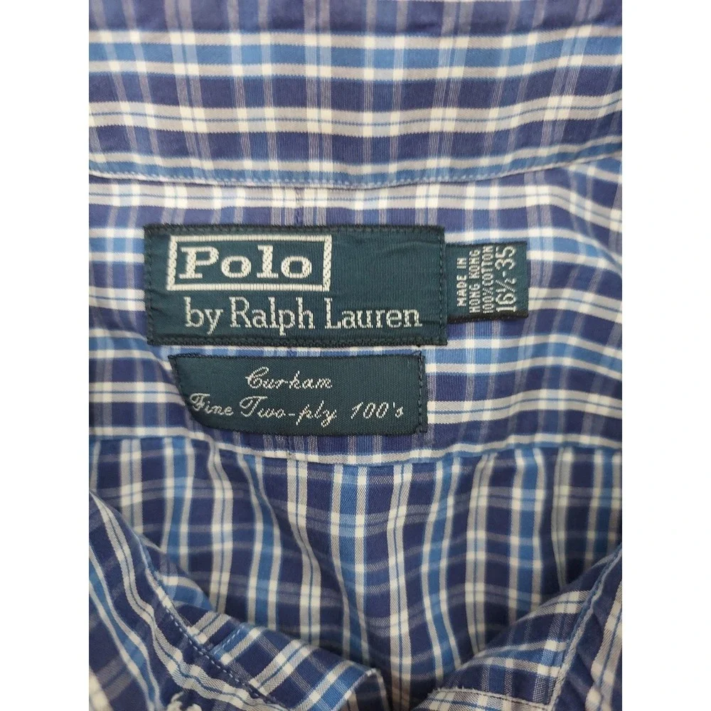Vt POLO‎ RALPH LAUREN Shirt Mens 16.5-35 Blue Plaid Curham 2 Ply 100s Hong Kong